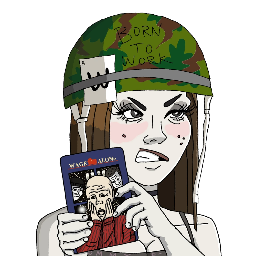 Sus E-thot wearing a thot top and soldier helmet with Wage Alone movie
