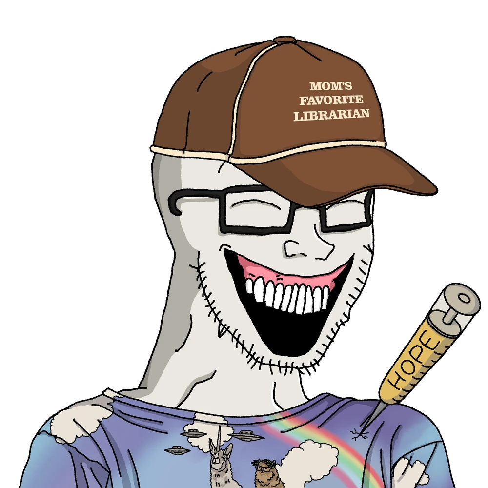 Happy Soyjak wearing a Vitalik shirt and librarian cap with a hopium syringe