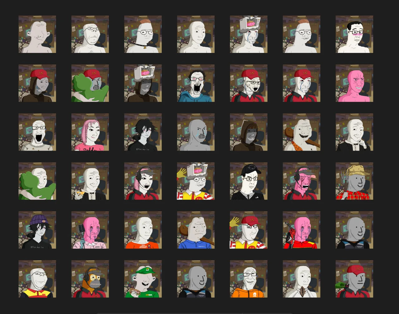 Dark backgrounds highlight the Wojak universe colors better