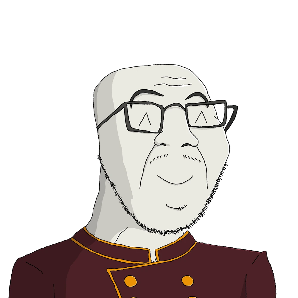 Happy Wholesome Soyjak wearing bellboy clothes