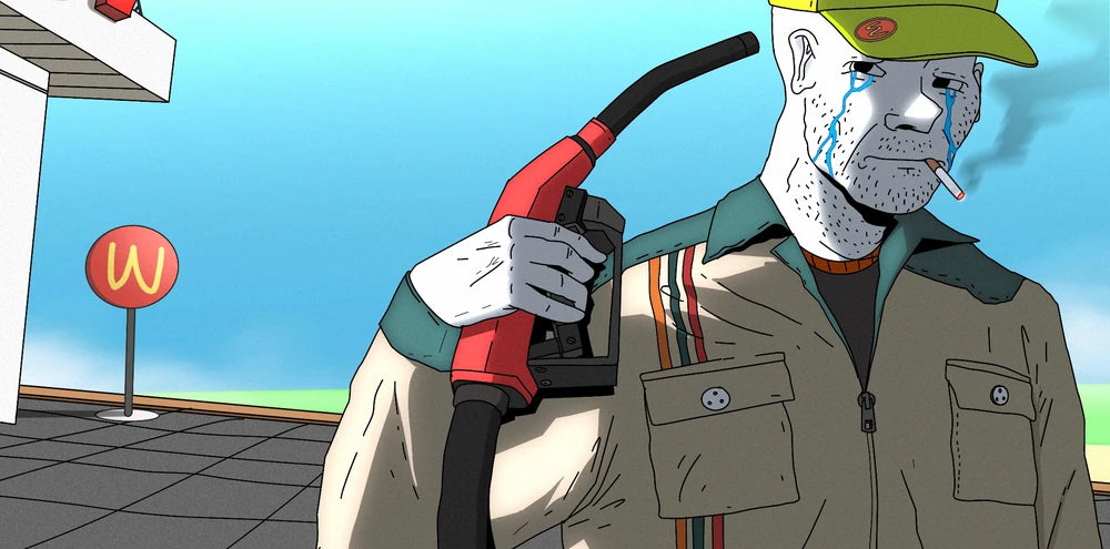 A tired Wagie holding a fuel nozzle at a gas station